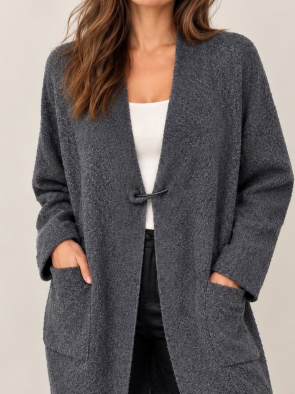 J.Jill Charcoal Gray Bouclé Knit Long Cardigan Pockets Kilt pin Size L